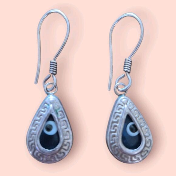 Vintage Turkish Hamsa Evil Eye Earrings Sterling Silver Teardrop - Picture 1 of 2
